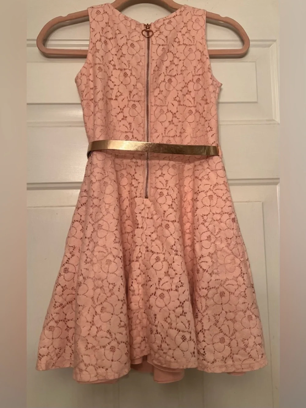 🌸 Girls Pink Lace Overlay Dress with Gold Bow Belt - Size 10